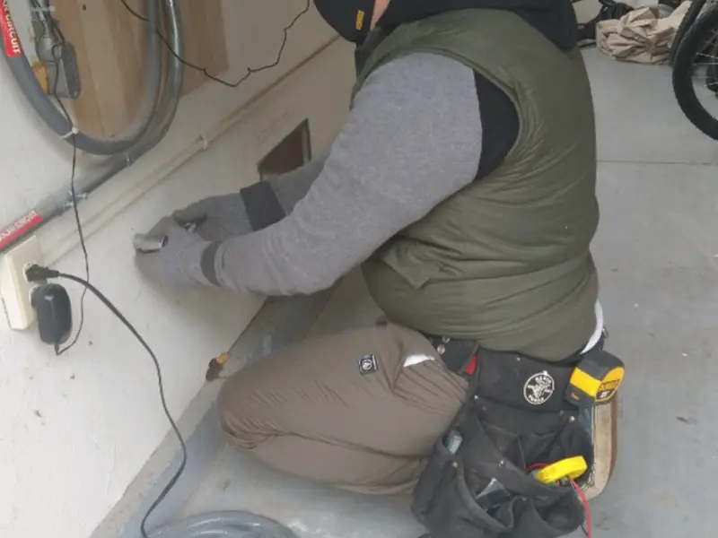 Electrician performing outlet wiring in a Harrington garage